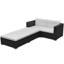 3 Pcs conjunto lounge de jardim c/ almofadões vime PE preto