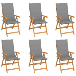 Cadeiras de jardim c/ almofadões cinzentos 6 pcs teca maciça