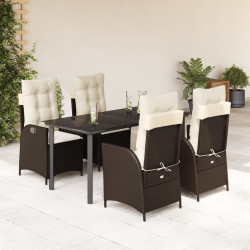 5 Pcs conjunto jantar p/ jardim c/ almofadões vime PE castanho
