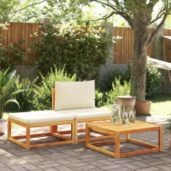 Conjunto de sofás de jardim de 3 peças com almofadas de madeira de acácia e corda