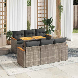 7 Pcs conjunto sofás jardim almofadões vime PE/acácia cinzento