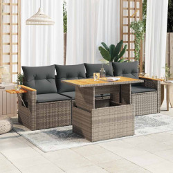 5 Pcs conjunto sofás de jardim c/ almofadões acácia e vime PE