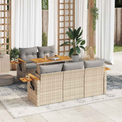 6 Pcs conjunto sofás jardim com almofadões vime PE/acácia bege