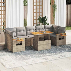 8 Pcs conjunto sofás jardim com almofadões vime PE/acácia bege