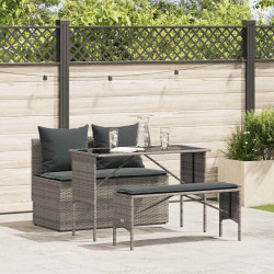 3 Pcs conjunto de jantar p/ jardim c/ almofadões vime PE cinza