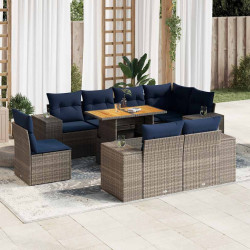 9 Pcs conjunto sofás p/ jardim com almofadões vime PE cinzento