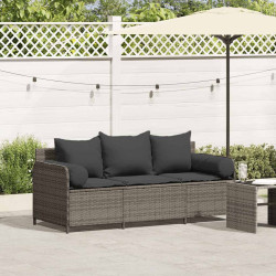 Sofá de jardim de 3 lugares com almofadões vime PE cinzento