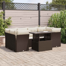 7 Pcs conjunto de sofás jardim c/ almofadões vime PE castanho