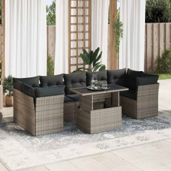 8 Pcs conjunto sofás de jardim c/ almofadões vime PE cinzento