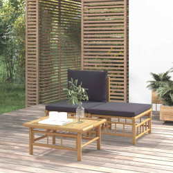 3Pcs conj. lounge de jardim bambu c/ almofadões cinzento-escuro