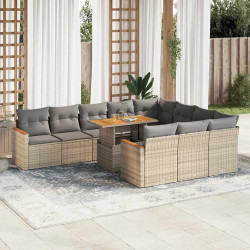 11 Pcs conjunto sofás jardim c/ almofadões vime PE/acácia bege