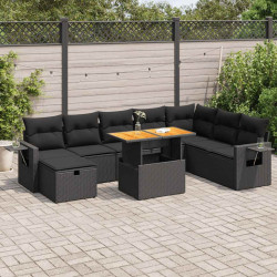 9 Pcs conjunto sofás p/ jardim almofadões vime PE/acácia preto
