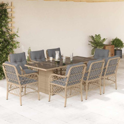9 Pcs conj. jantar jardim c/ almofadões vime PE bege misturado