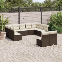 11 Pcs conjunto sofás de jardim c/ almofadões vime PE castanho