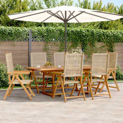 7Pcs conjunto de jantar p/ jardim vime PE/ madeira maciça bege