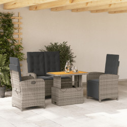 4 Pcs conjunto de jantar p/ jardim c/ almofadões vime PE cinza