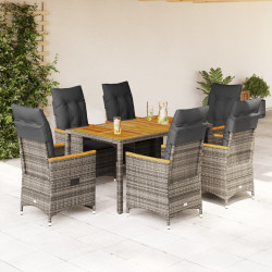 7 Pcs conjunto de jantar p/ jardim c/ almofadões vime PE cinza