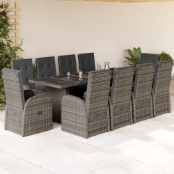 11 Pcs conjunto jantar p/ jardim c/ almofadões vime PE cinzento