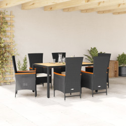 7 Pcs conjunto de jantar p/ jardim c/ almofadões vime PE preto