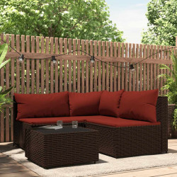 4 Pcs conjunto lounge jardim c/ almofadões vime PE castanho
