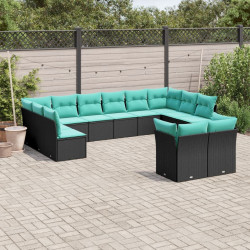 Conjunto de sofá de jardim com 12 peças e almofadas em rattan sintético preto