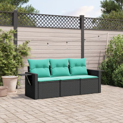 Conjunto de sofá de jardim de 3 peças com almofadas em rattan sintético preto
