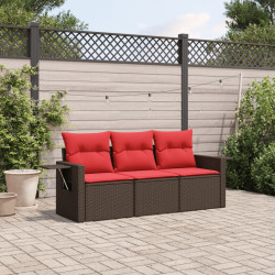Conjunto de sofá de jardim de 3 peças com almofadas em rattan sintético marrom