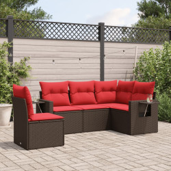Conjunto de sofá de jardim de 5 peças com almofadas em rattan sintético marrom
