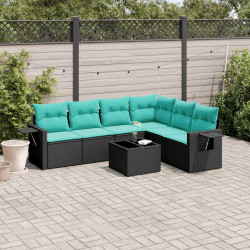 Conjunto de sofá de jardim com 7 peças e almofadas em rattan sintético preto