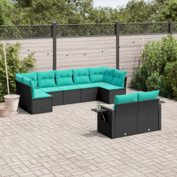 Conjunto de sofá de jardim de 9 peças com almofadas em rattan sintético preto