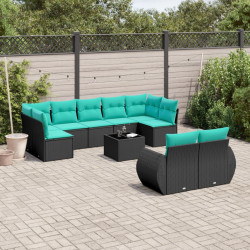 Conjunto de sofá de jardim com 10 peças e almofadas em rattan sintético preto