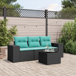 Conjunto de sofá de jardim com 4 peças e almofadas em rattan sintético preto