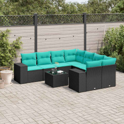 Conjunto de sofá de jardim de 9 peças com almofadas em rattan sintético preto