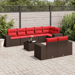 Conjunto de sofá de jardim com 9 peças e almofadas em rattan sintético marrom