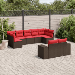 Conjunto de sofá de jardim com 9 peças e almofadas em rattan sintético marrom