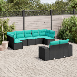 Conjunto de sofá de jardim de 9 peças com almofadas em rattan sintético preto