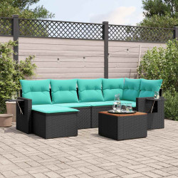 Conjunto de sofá de jardim com 7 peças e almofadas em rattan sintético preto