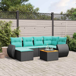 Conjunto de sofá de jardim com 7 peças e almofadas em rattan sintético preto