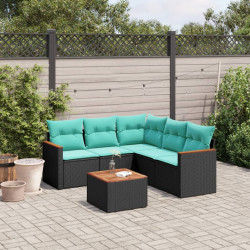Conjunto de sofá de jardim com 6 peças e almofadas em rattan sintético preto