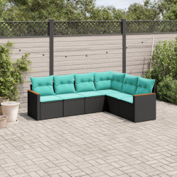 Conjunto de sofá de jardim com 6 peças e almofadas em rattan sintético preto