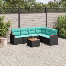 Conjunto de sofá de jardim com 7 peças e almofadas em rattan sintético preto