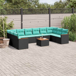 Conjunto de sofá de jardim com 11 peças e almofadas em rattan sintético preto