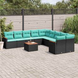 Conjunto de sofá de jardim com 11 peças e almofadas em rattan sintético preto