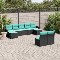 Conjunto de sofá de jardim de 9 peças com almofadas em rattan sintético preto