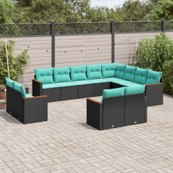 Conjunto de sofá de jardim com 12 peças e almofadas em rattan sintético preto