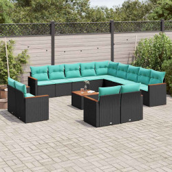 Conjunto de sofá de jardim com 14 peças e almofadas em rattan sintético preto