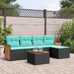 Conjunto de sofá de jardim com 6 peças e almofadas em rattan sintético preto