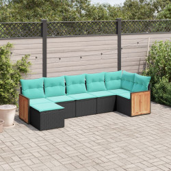 Conjunto de sofá de jardim com 7 peças e almofadas em rattan sintético preto