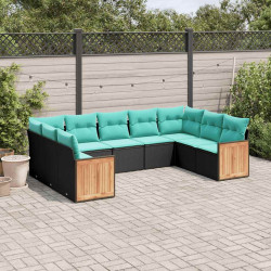 Conjunto de sofá de jardim de 9 peças com almofadas em rattan sintético preto