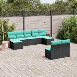 Conjunto de sofá de jardim de 9 peças com almofadas em rattan sintético preto